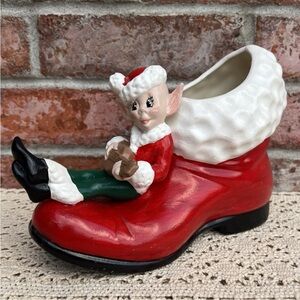 Vintage Ceramic Christmas Pixie Elf Shoe Boot Figurine Planter